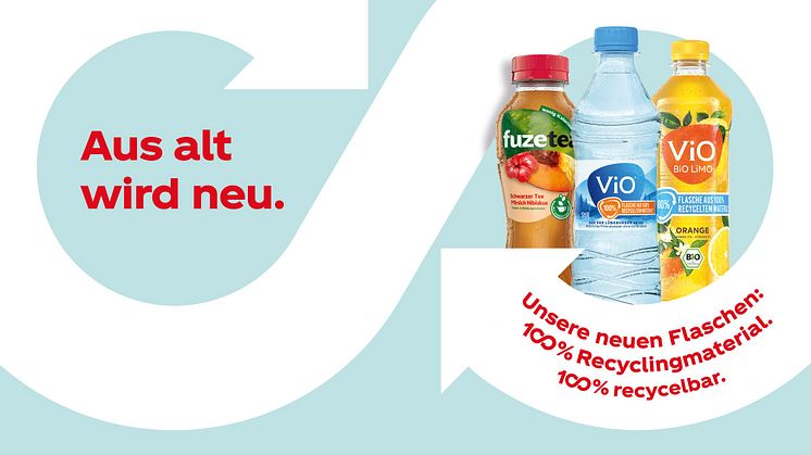 Alle PET-Einweg-Verpackungen bis einschließlich 0,5 Liter von Coca-Cola, Fanta, Sprite, mezzo mix sowie alle PET-Einweg-Flaschen von ViO, Fuze Tea und Powerade ab sofort aus 100% recyceltem Material
