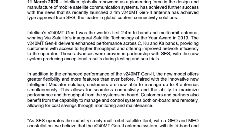 Intellian’s next-generation tri-band maritime antenna earns type approval from SES