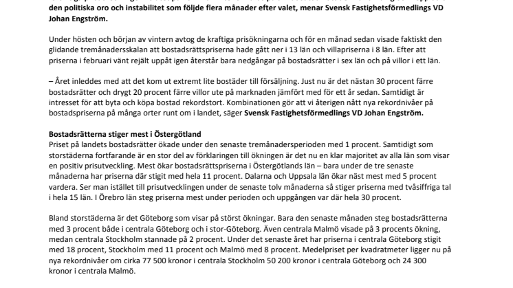 Kommentar till Svensk Mäklarstatistik: Bostadspriserna tar fart mot nya höjder