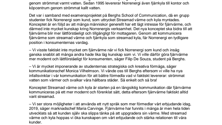 Norrenergi lanserar konceptet Streamad värme och kyla tillsammans med studenter från Berghs 
