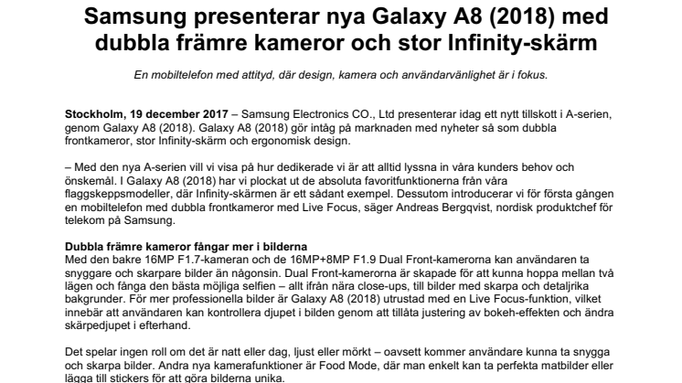 Samsung presenterar nya Galaxy A8 (2018) med dubbla främre kameror och stor Infinity-skärm