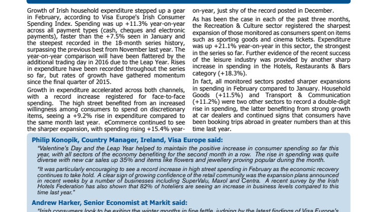 Visa Europe's Irish Consumer Spending Index - 7 March 2016