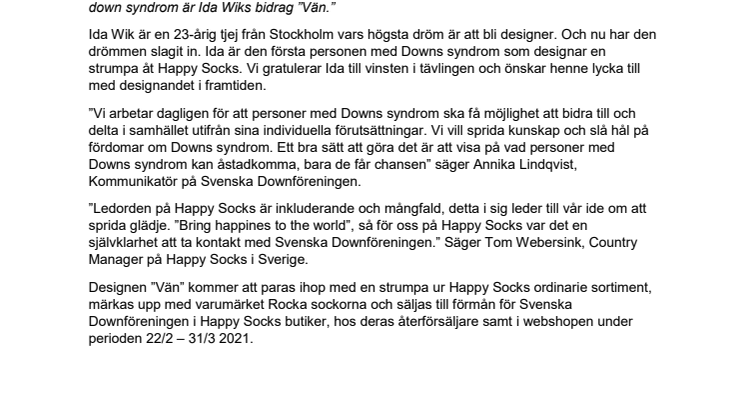 Ida Wik blir den första personen med Downs som designar en strumpa för Happy Socks