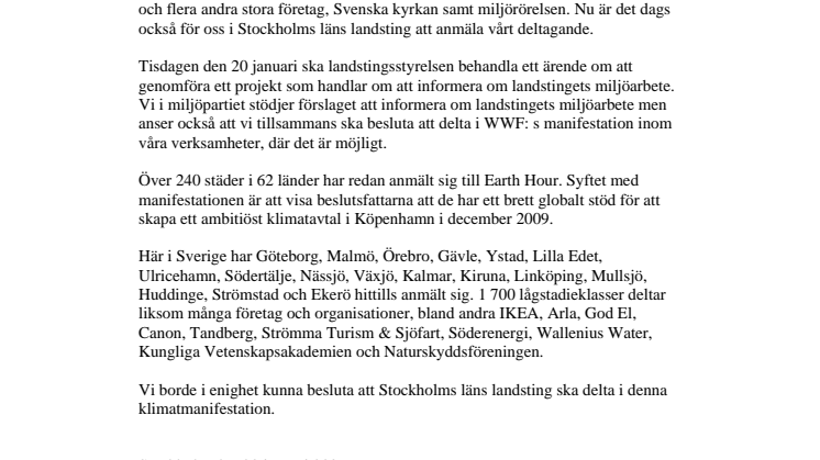 Skrivelse om deltagande i Earth Hour