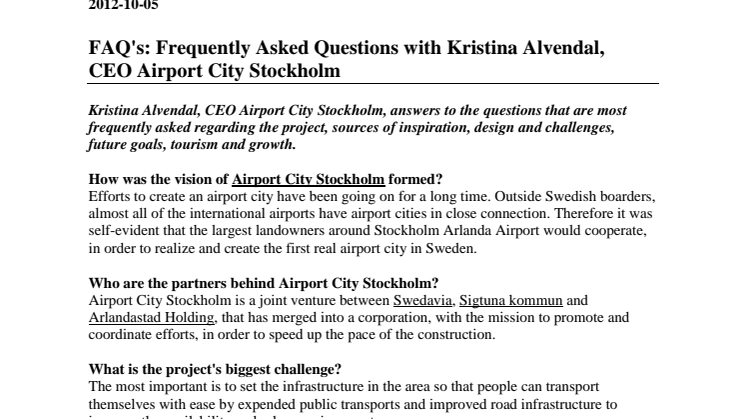 FAQs Kristina Alvendal, CEO Airport City Stockholm_English version