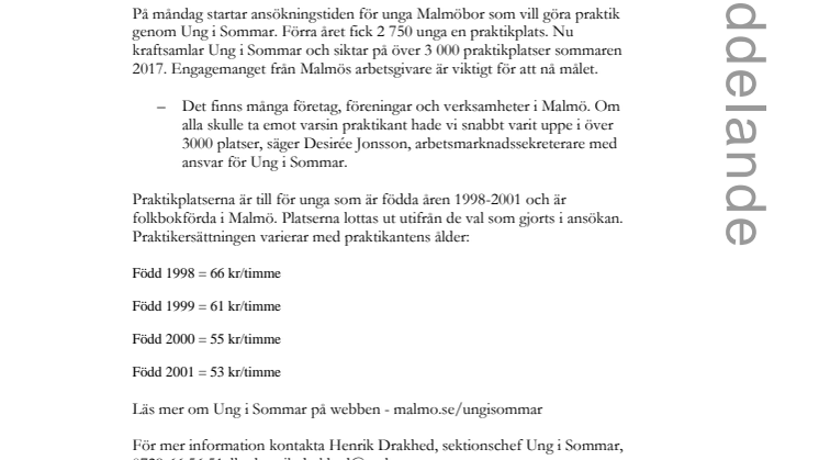 Ung i Sommar siktar på över 3 000 praktikplatser
