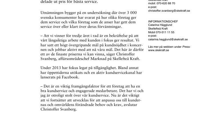 Skellefteå Kraft bäst på kundservice för tredje året i rad