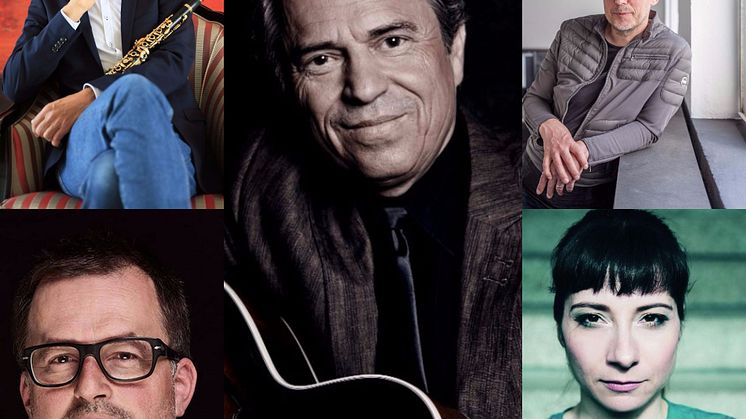 Sie werden am 8. November in München mit dem Kulturpreis Bayern ausgezeichnet: Musiker Günther Sigl (M.), Architekt Peter Haimerl (r.o.), Klarinettist Klaus Hampl (l.o.), Bildhauer Christian Schnurer (l.u.) und Rapperin Nina „Fiva“ Sonnenberg (r.u.).