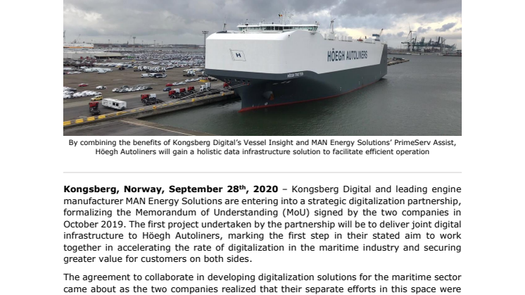 Kongsberg Digital partners with MAN Energy Solutions on digitalization project with Höegh Autoliners