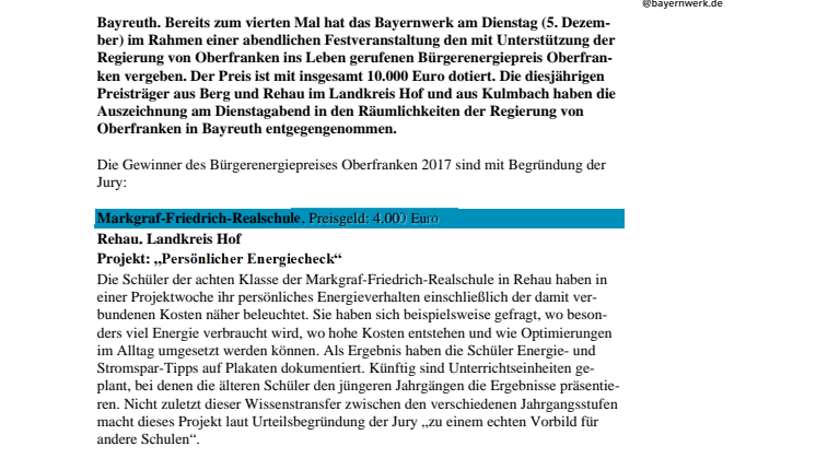 Bürgerenergiepreis Oberfranken 2017 für drei Vorbilder
