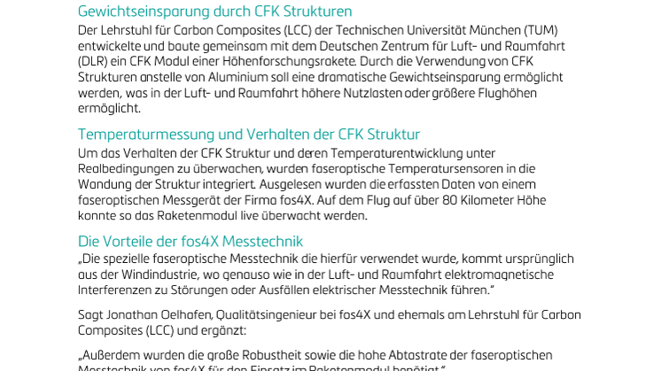 fos4X Messtechnik in Rakete an der Grenze zum Weltraum