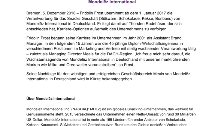 Neuer Managing Director Snacks Mondelēz International in Deutschland