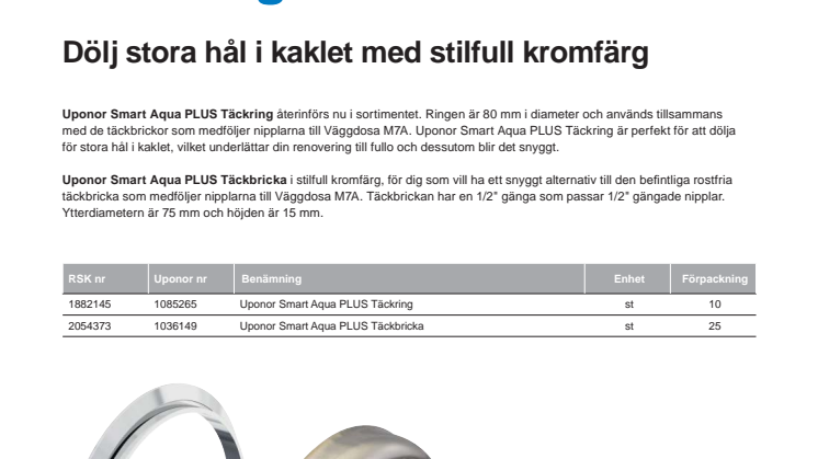 Uponor Smart Aqua PLUS Täckring och Täckbricka döljer stora hål i kaklet med stilfull kromfärg