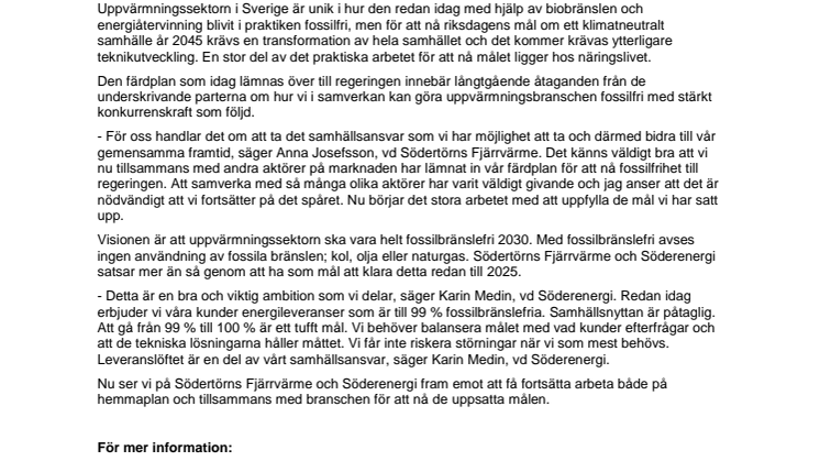 Södertörns Fjärrvärme och Söderenergi ställer sig bakom Fossilfritt Sverige