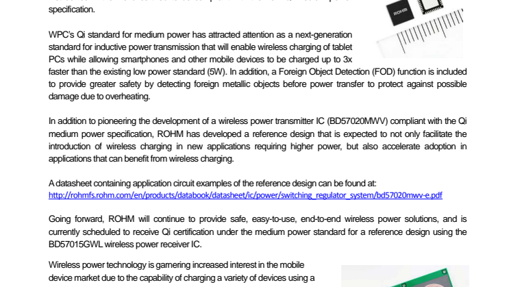 The World’s First Qi-Certified Medium Power Transmitter Reference Design --Cutting-edge reference design will allow ROHM to expand into the wireless charging segment