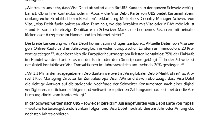 Visa Debit ab sofort bei UBS verfügbar