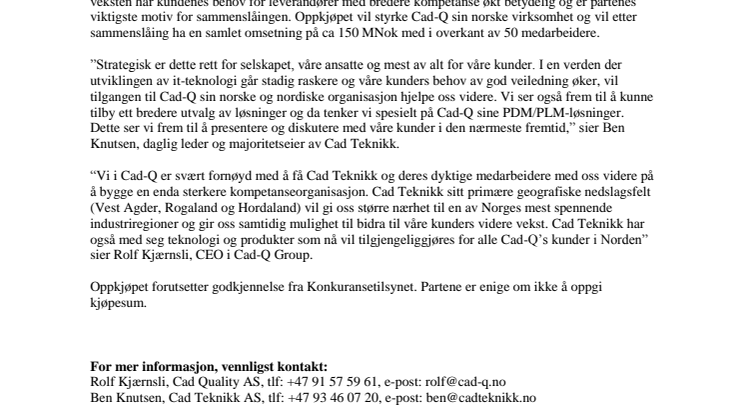 Cad Quality AS kjøper Cad Teknikk AS