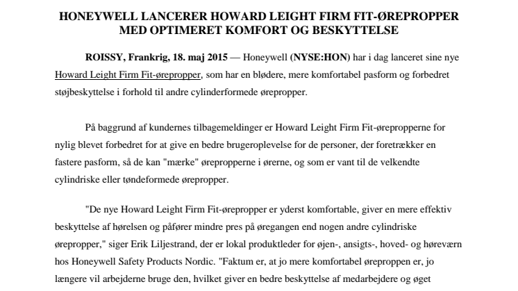 Honeywell lancerer Howard Leight Firm Fit-ørepropper med optimeret komfort og beskyttelse 