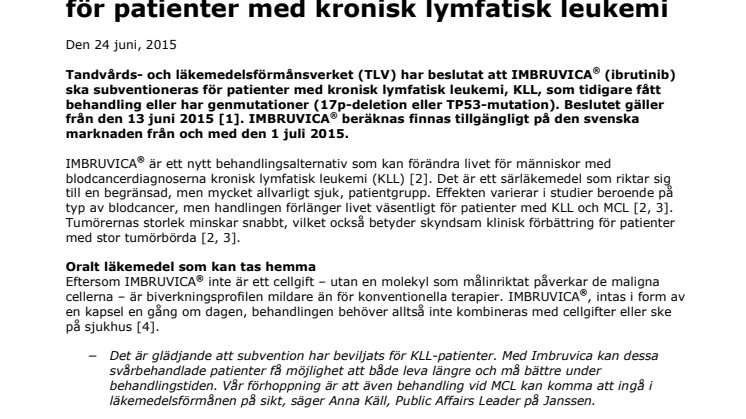 Imbruvica beviljas subvention för patienter med kronisk lymfatisk leukemi