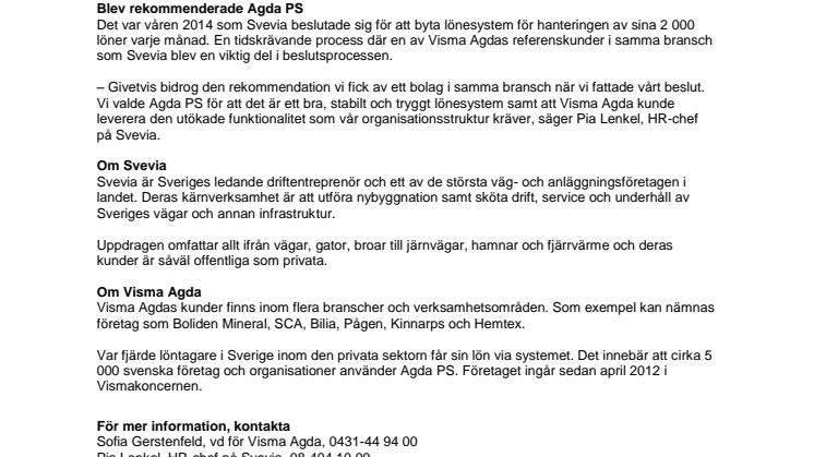 Svevia väljer Agda PS för sin lönehantering