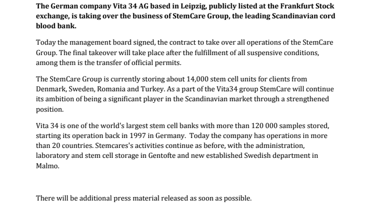 Vita 34 new owner of the Danish StemCare Group