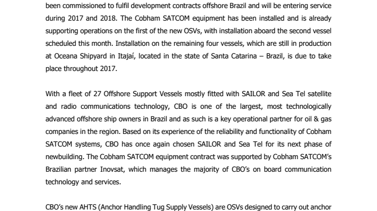 Cobham SATCOM: Cobham Satellite and Radio Comms For Six Newbuild CBO OSVs