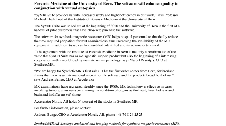 SyntheticMR sells first software to Bern 