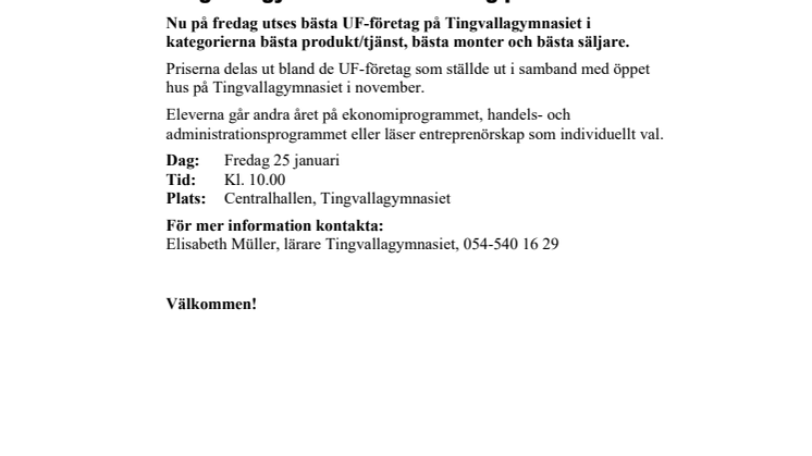 Pressinbjudan: Tingvallagymnasiets UF-företag prisas