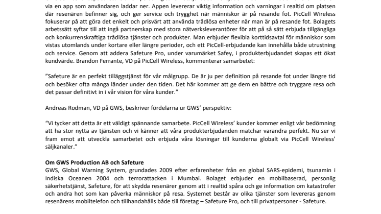 GWS tecknar avtal om partnersamarbete med PicCell Wireless’ systerföretag Safey