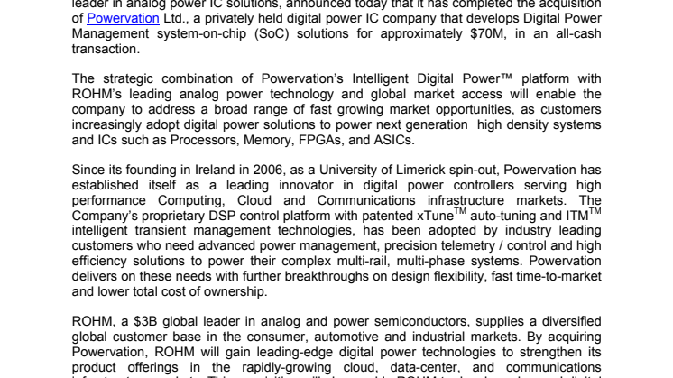 ROHM Semiconductor Acquires Powervation -- Strategic Acquisition of Digital Power IC Pioneer to Expand Market Position in Digital Power Solutions