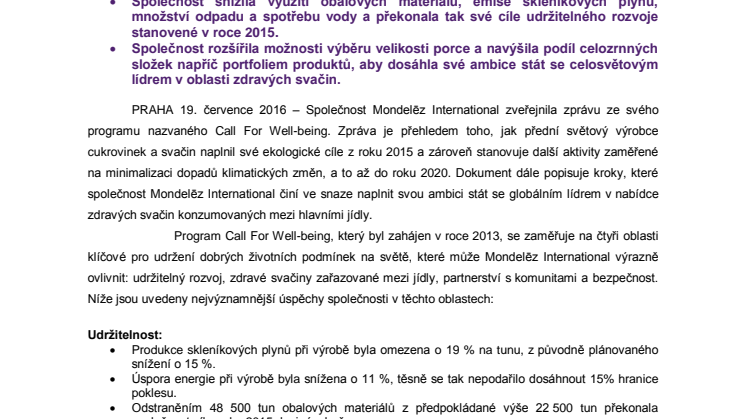 Společnost Mondelēz International pokročila v dosažení cílů programu Call For Well-being