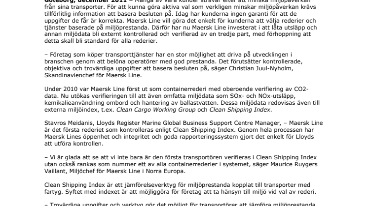 Maersk Line först igen med verifiering av miljödata 