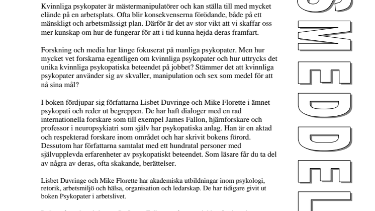 Ny bok: Kvinnliga psykopater - mästare i manipulation på arbetsplatsen av Lisbet Duvringe och Mike Florette
