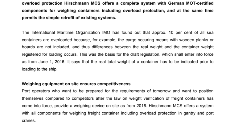 Weight verification of freight containers as from 2016 with retrofitted systems of Hirschmann MCS 