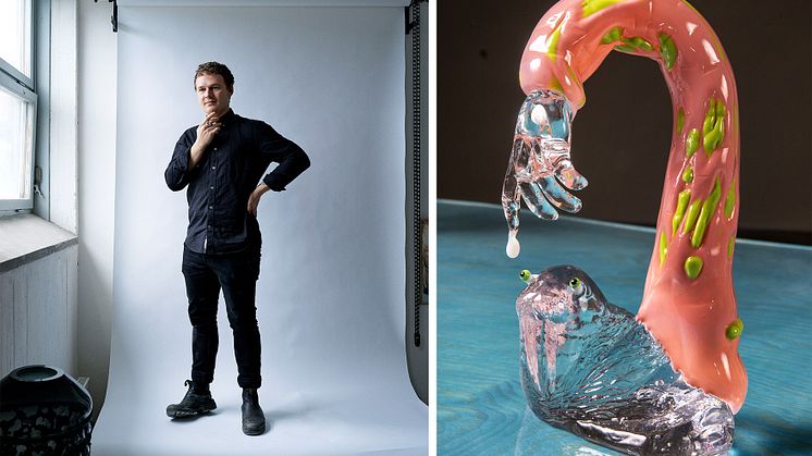 Rasmus Nossbring, foto: Johan Knobe. Glasskulptur A little closer, 2021, foto: Rasmus Nossbring.