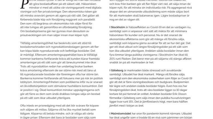 ​Erik Olsson Fastighetsförmedling kommenterar bostadsmarknaden 17 april 2020