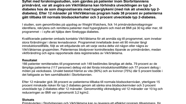  ViktVäktarna hjälper att förebygga typ 2-diabetes