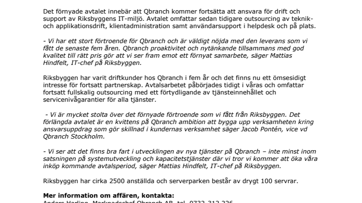 QBRANCH FÖRNYAR OCH UTÖKAR AVTALET MED RIKSBYGGEN