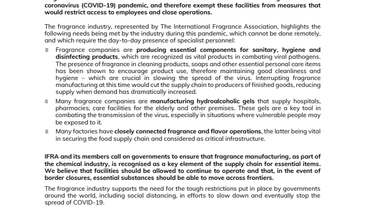 The fragrance industry urges governments to recognize essential role of sector in fight against coronavirus
