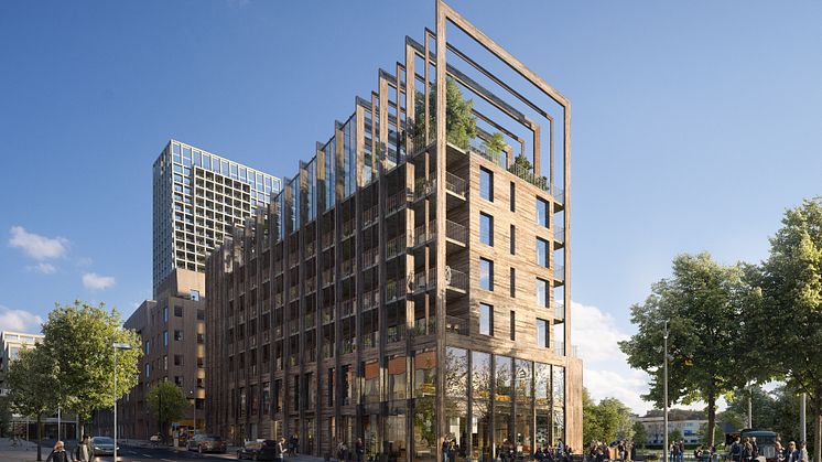 Gatuvy över profilbyggnaden i Kista. Bild: Dreem Arkitekter 