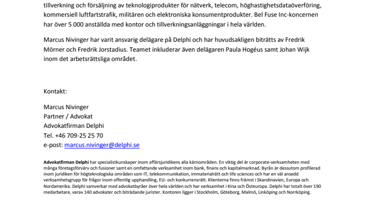 Delphi biträder NASDAQ-noterade Bel Fuse Inc vid dess förvärv av Gigacom Interconnect AB