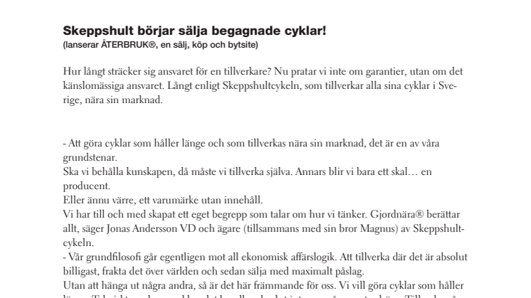 Skeppshult börjar sälja begagnade cyklar!  (lanserar ÅTERBRUK®, en sälj, köp och bytsite) 