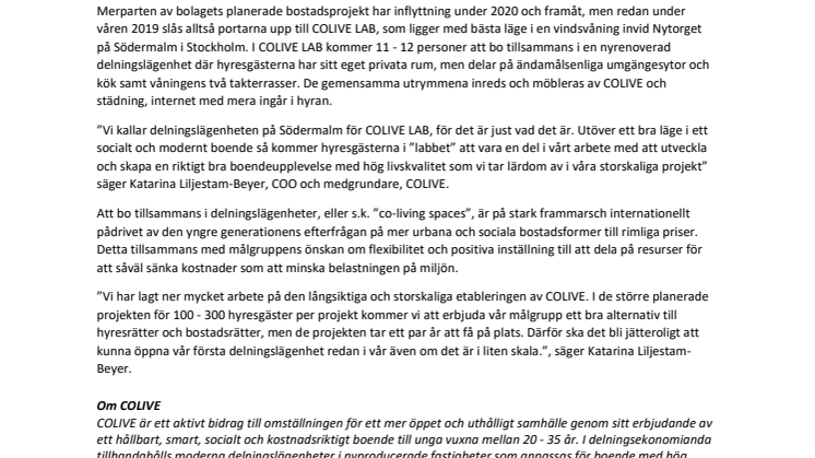 COLIVE SLÅR UPP DÖRRARNA TILL FÖRSTA DELNINGSLÄGENHETEN I STOCKHOLM
