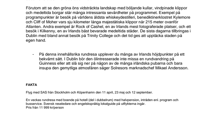 Premiär för Solresors rundresa Klassiska Irland 