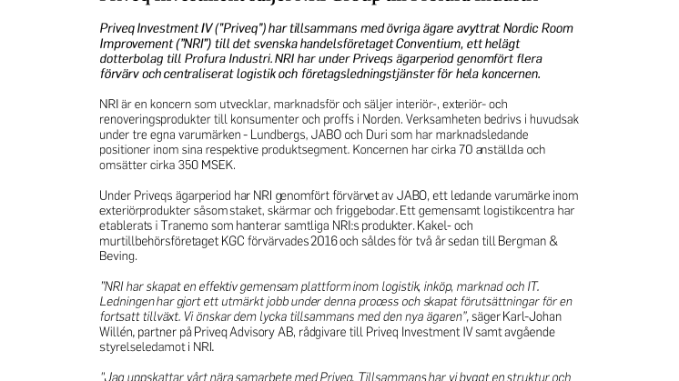 Priveq Investment säljer NRI Group till Profura Industri