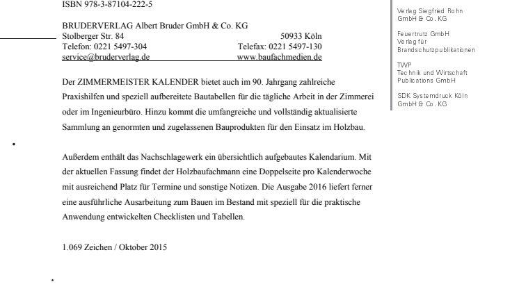 ZIMMERMEISTER KALENDER `16