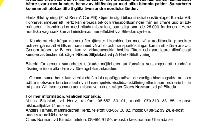 Hertz Biluthyrning går in som delägare i Bilreda AB