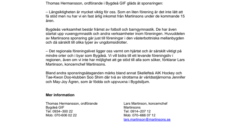Martinsons ger långsiktigt stöd till Bygdeå GIF
