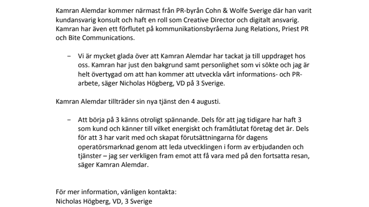 Kamran Alemdar ny PR- och informationschef på 3