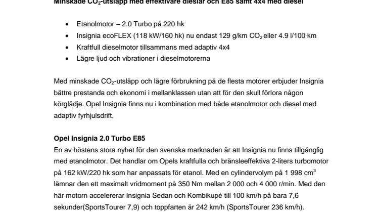 Opel Insignia nu i ännu fler versioner: Minskade CO2-utsläpp med effektivare dieslar och E85 samt 4x4 med diesel